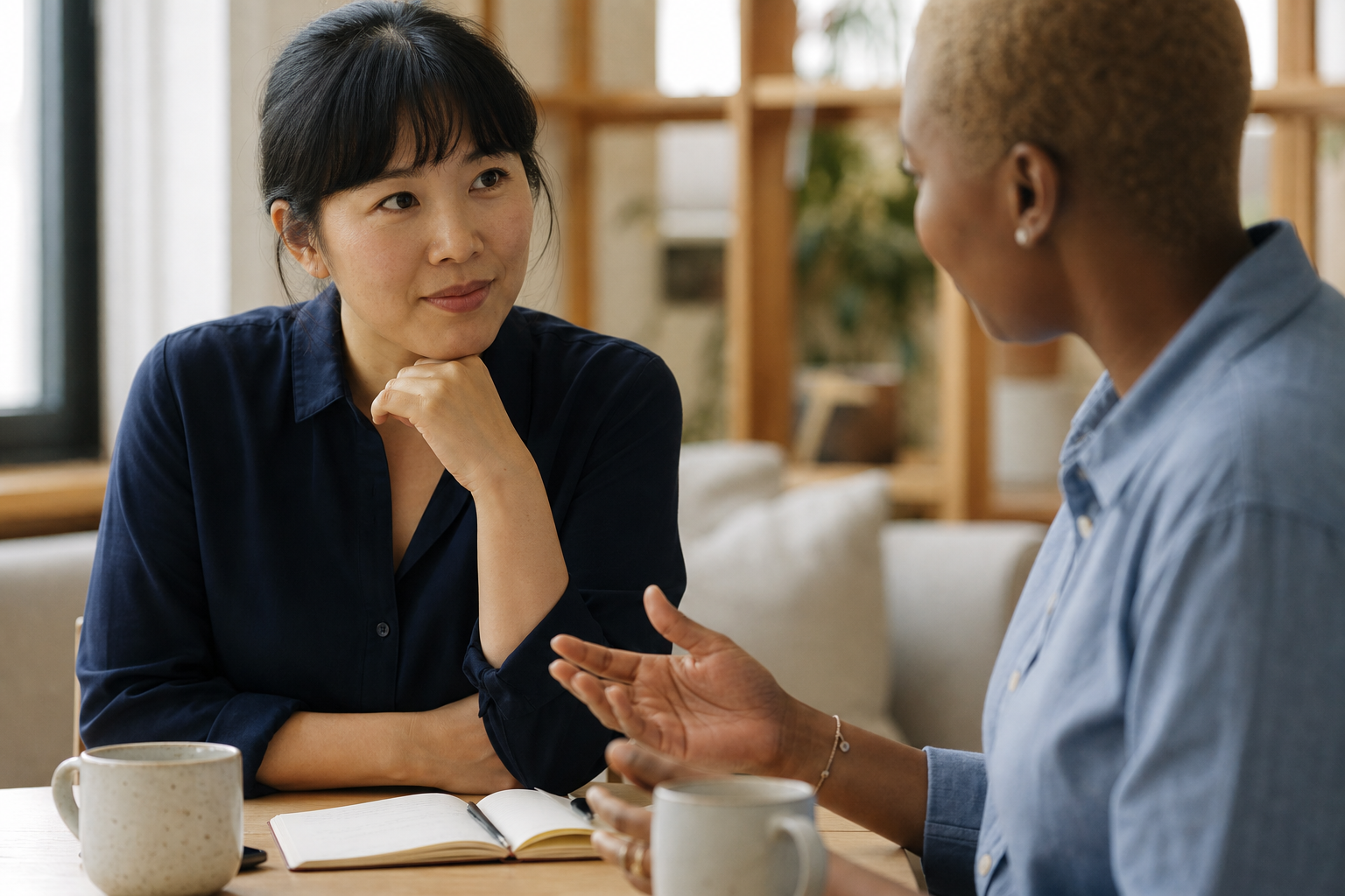 Two colleagues having an attentive one-to-one conversation